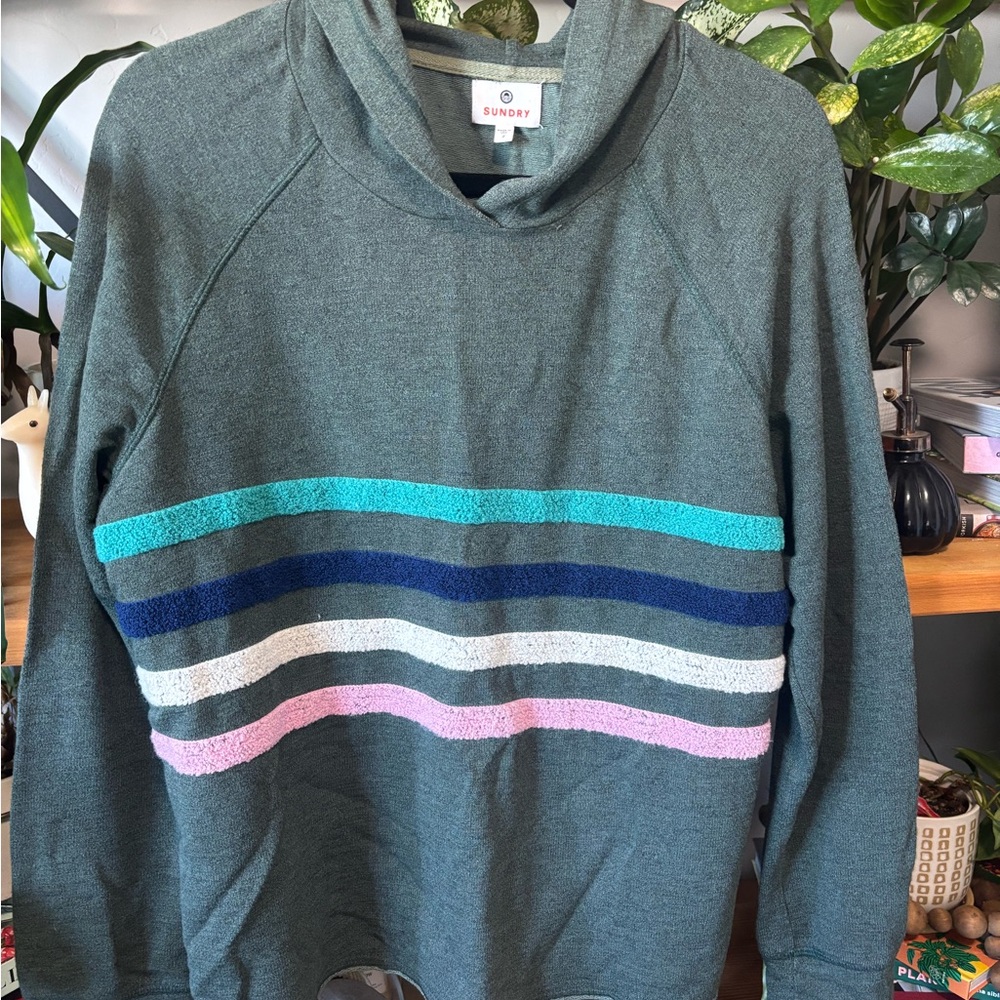 Anthropologie Sundry Galen Chenille Hoodie Green | Size 2, Medium - Picture 2 of 7